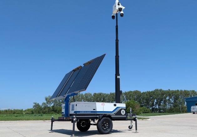 RVMP Flex Security Alpha mobile surveillance trailer with a raised camera mast